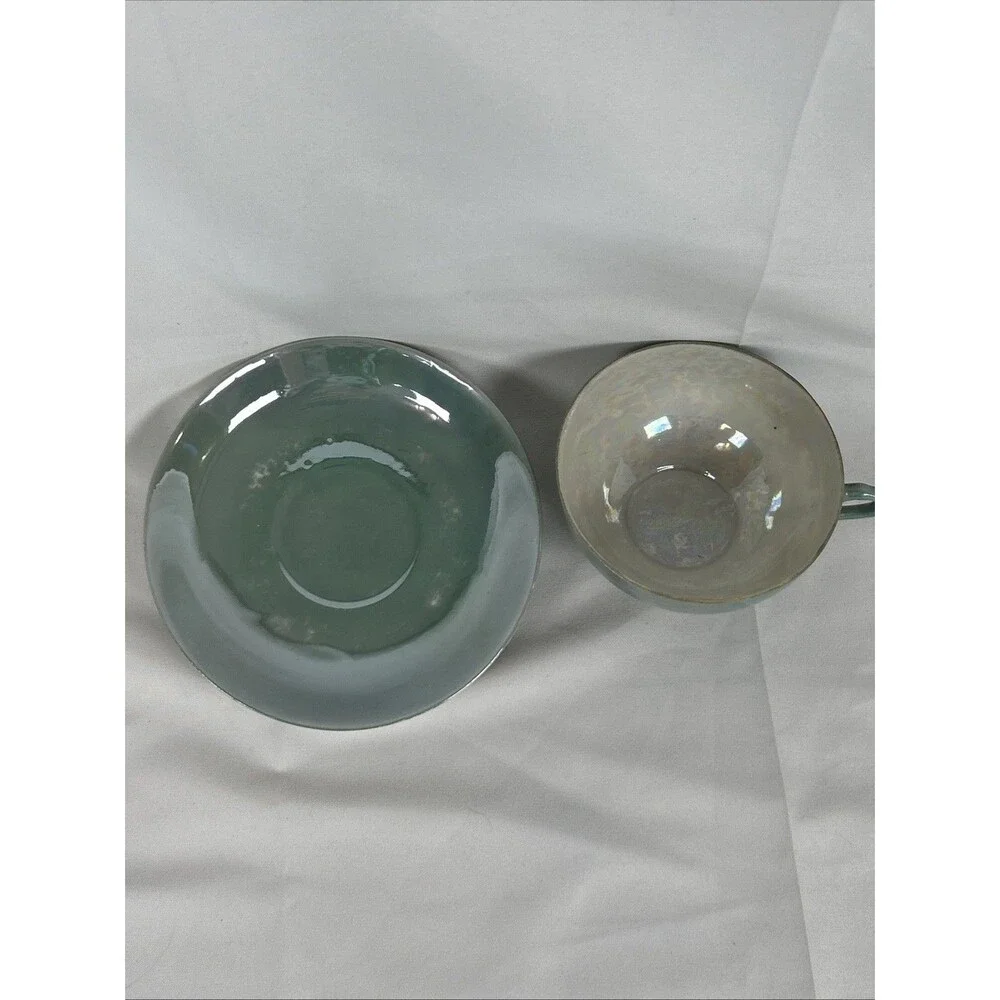 Vtg Lot Hand painted Japan Green Opal Lusterware Cups Saucers Sugar Bowl W/ Lid